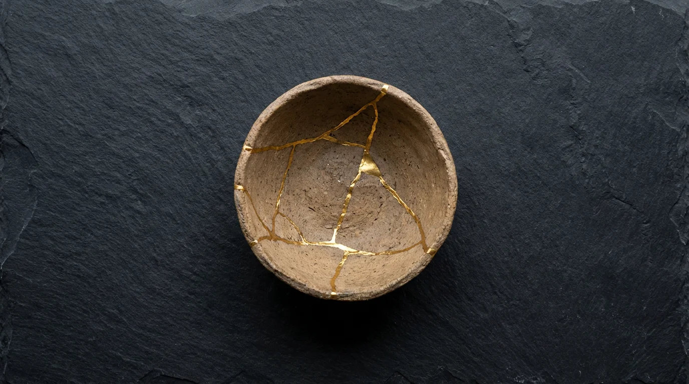 A high-angle photo of a ceramic bowl repaired with gold kintsugi, symbolizing resilience.