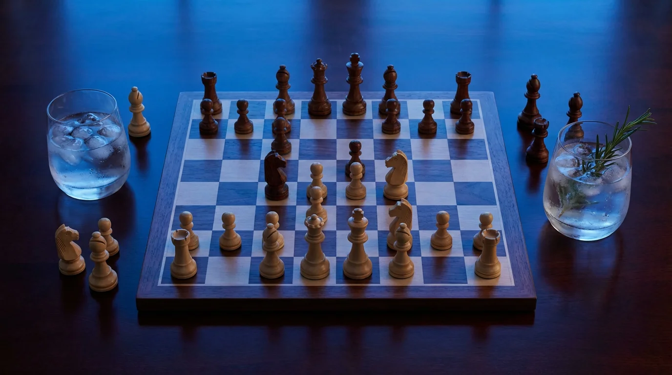 A high angle view of a chess game in progress with two glasses of water.