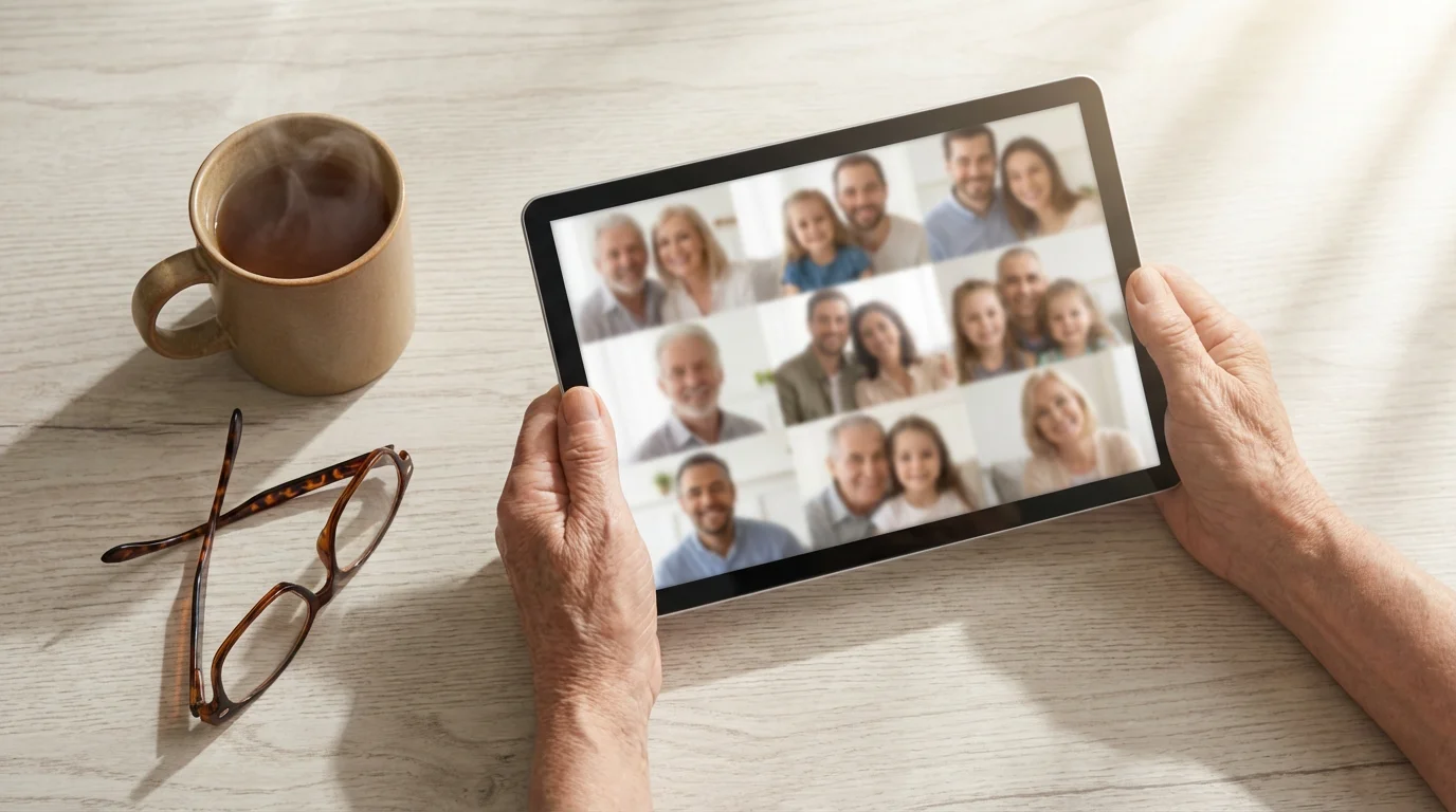 A high angle view of a senior's hands holding a tablet for a video call.