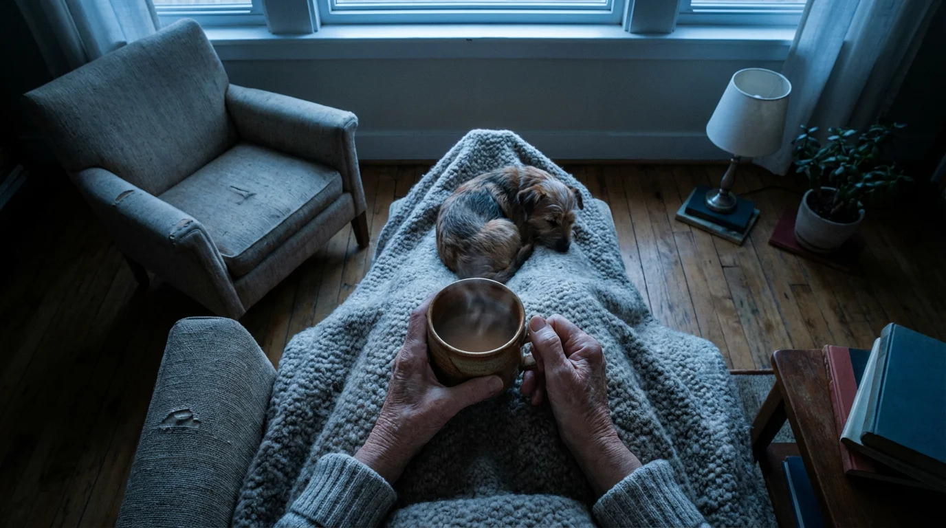 A high angle view of a small dog sleeping on an elderly person's lap.
