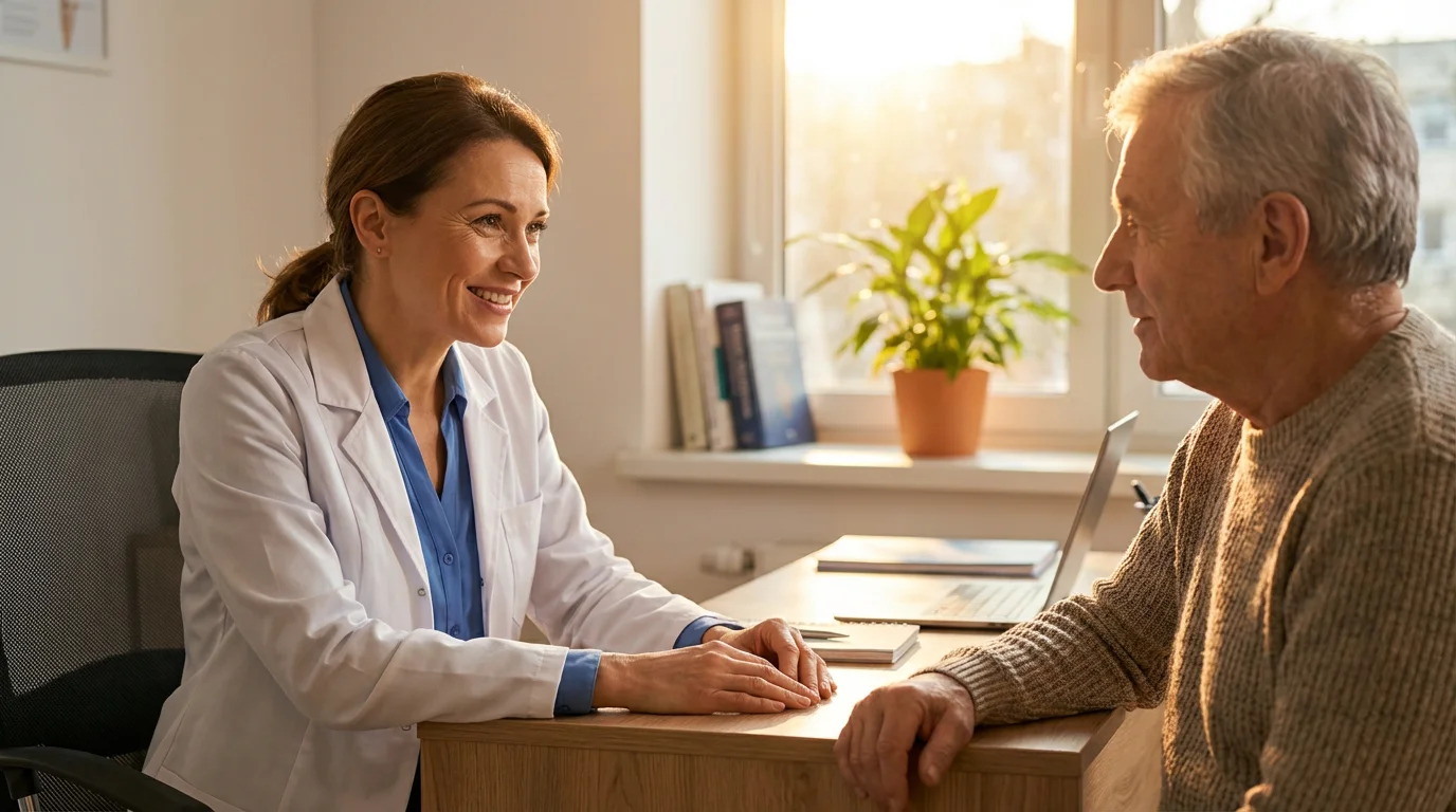 A kind female doctor discusses health with an attentive senior man in a sunlit office.