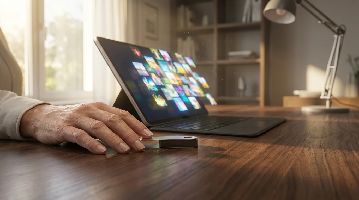 A low-angle photo of a tablet and crypto wallet on a desk, representing digital assets.