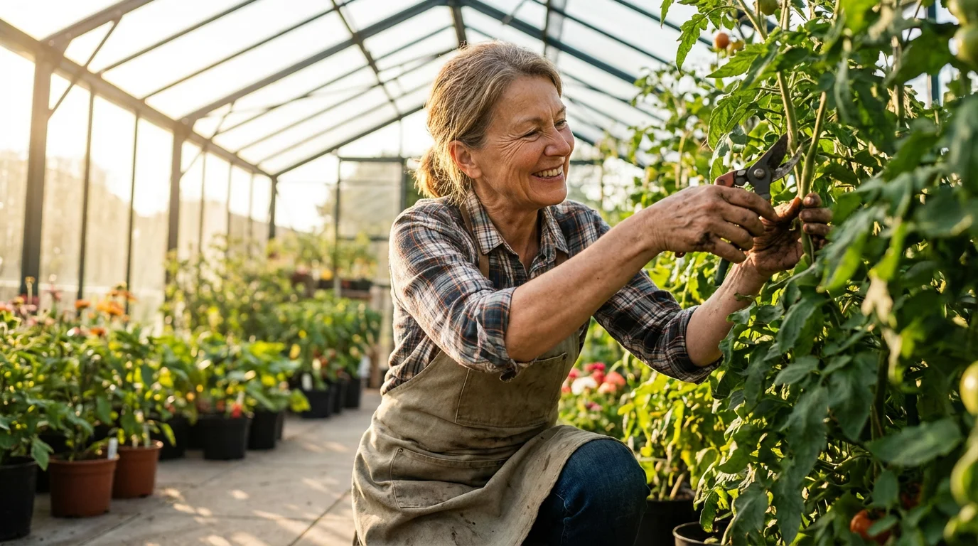 A low angle photo of a woman in her 60s gardening in a greenhouse.
