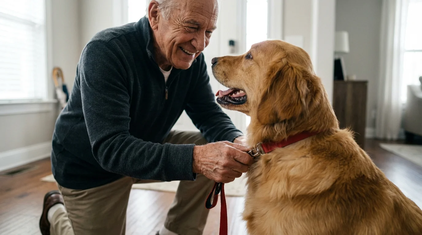 A low angle photograph of a senior man kneeling to put a leash on his golden retriever.