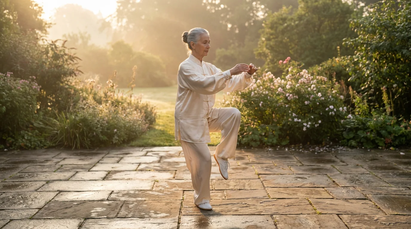 A low angle photograph of a senior woman performing a single-leg Tai Chi balance pose.