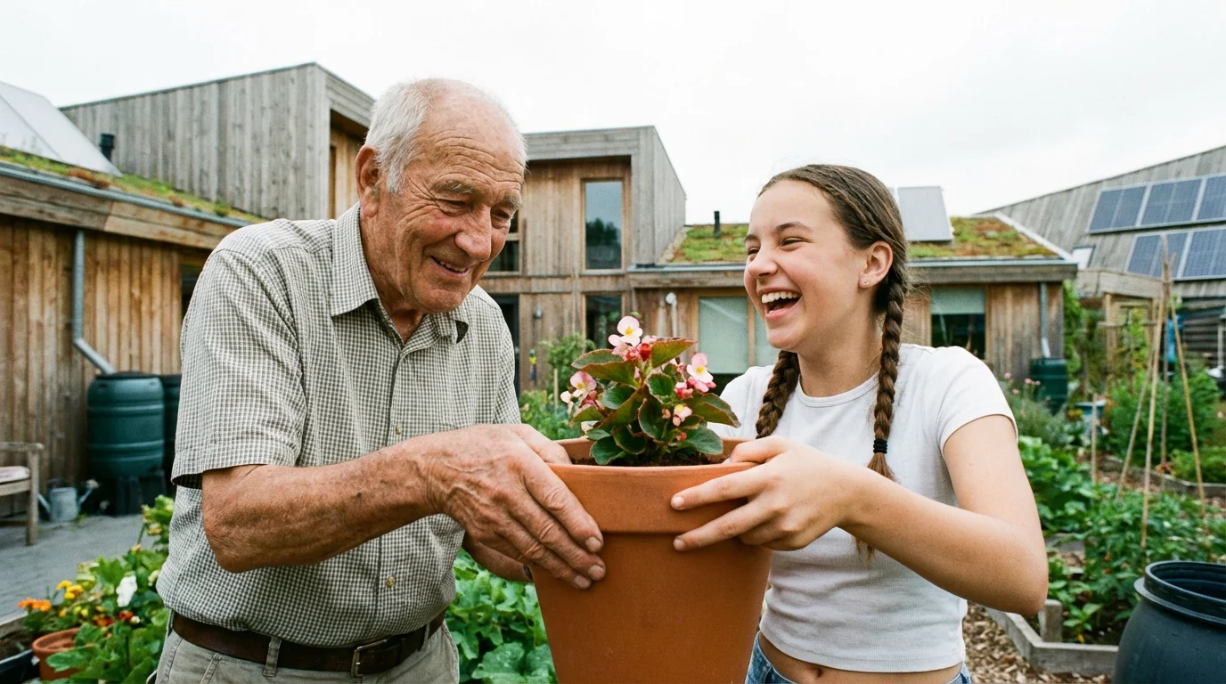 A low angle photograph of an elderly man and a teenager gardening together happily.