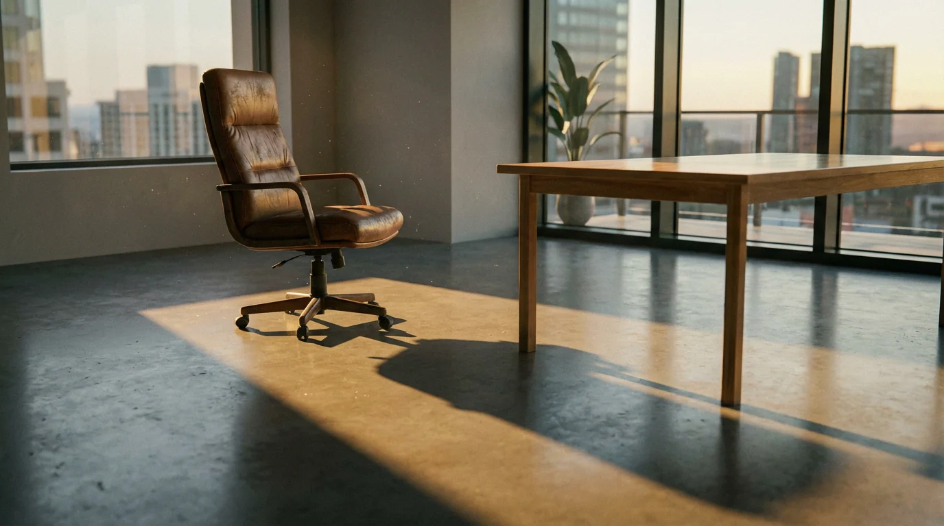 A low angle photograph of an empty executive office chair at sunset, symbolizing professional loss.