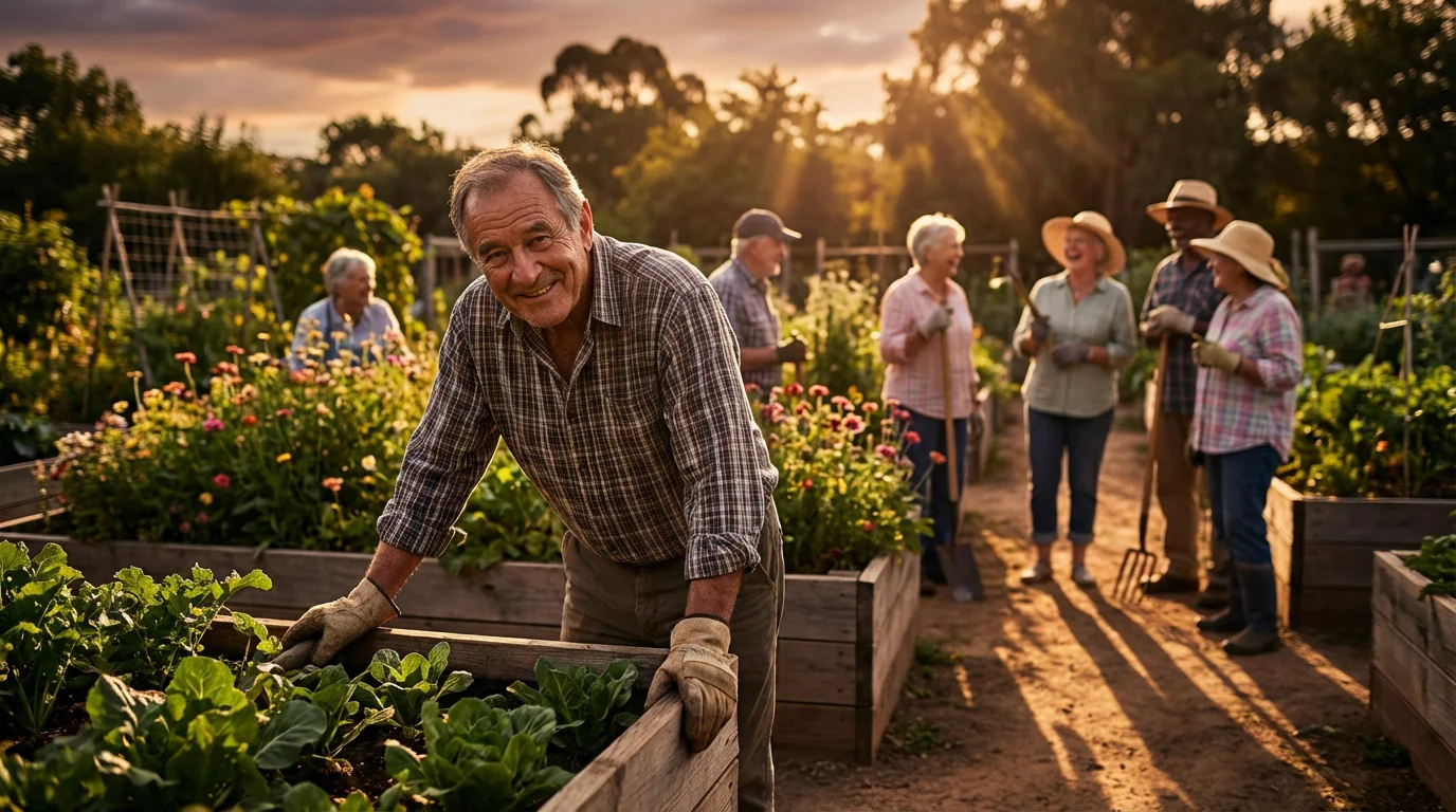 A low angle shot of older adults happily gardening together in a sunny community garden.