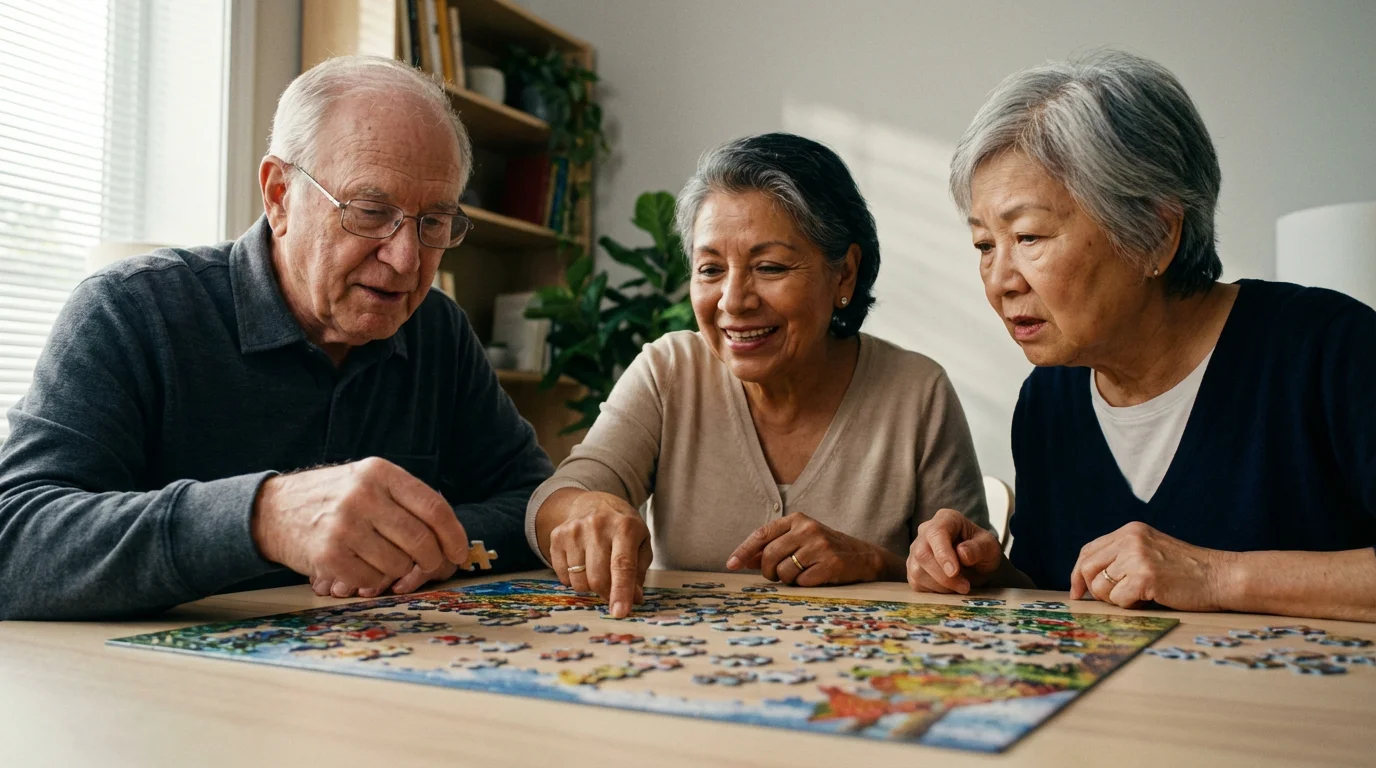 A low angle shot of three diverse seniors happily working together on a jigsaw puzzle.