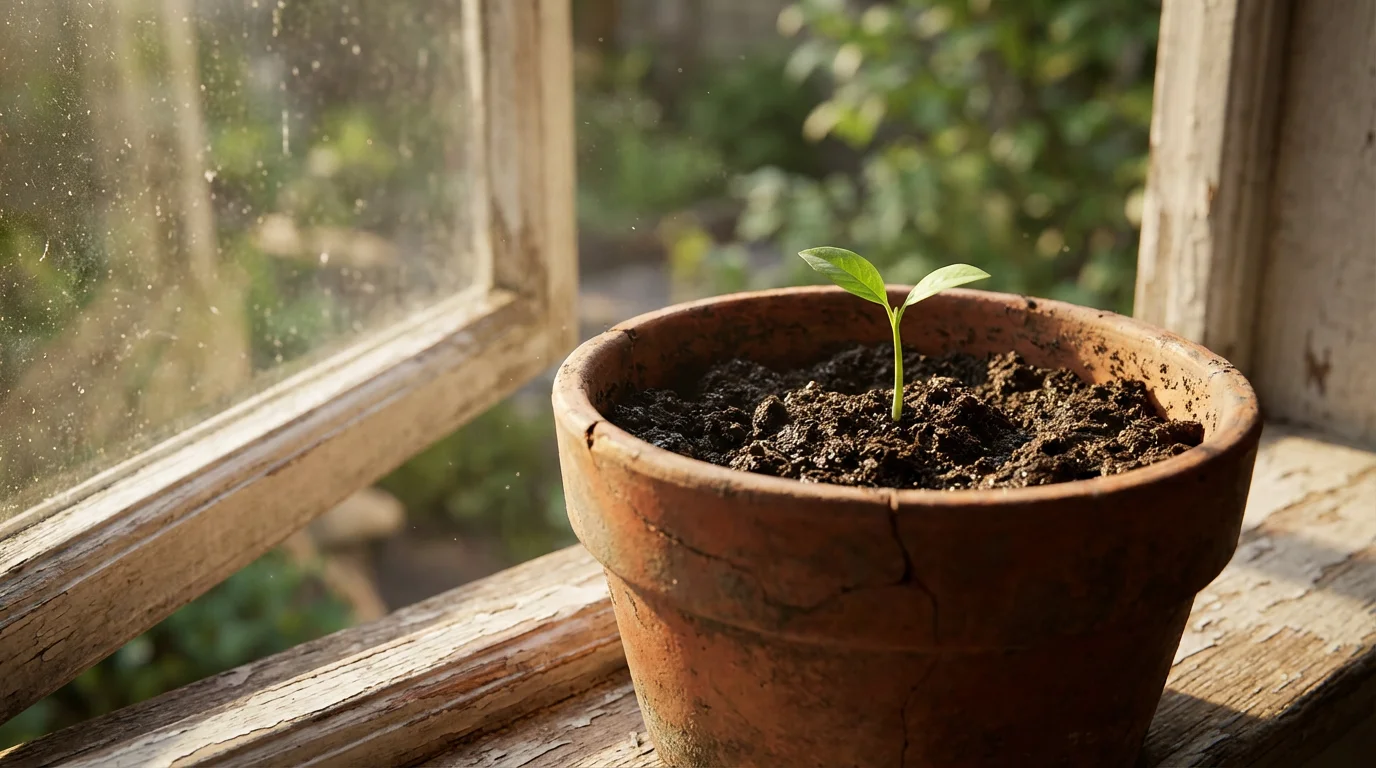 A low angle view of a small green sprout growing in a cracked terracotta pot.