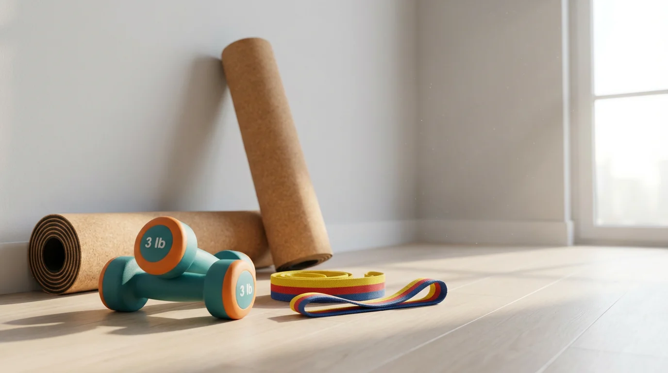 A low angle view of dumbbells, a resistance band, and a yoga mat.