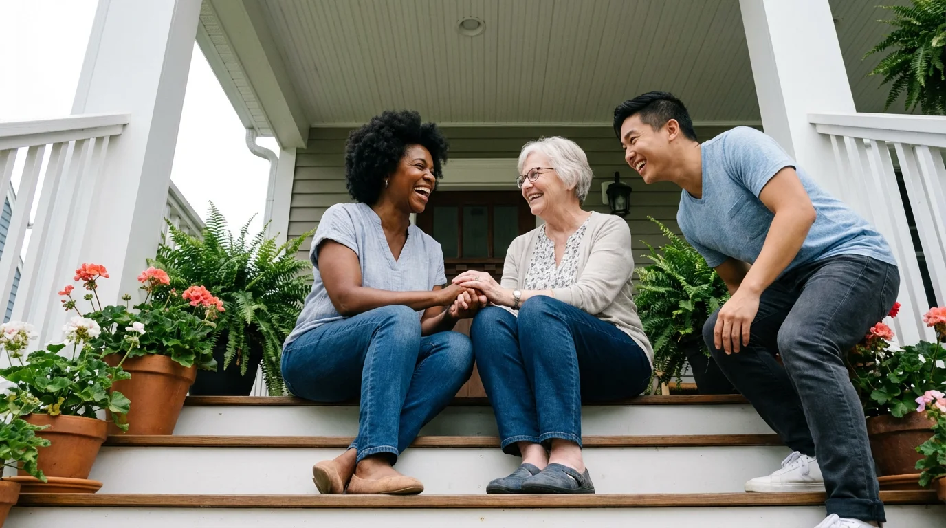 A low angle view of three diverse friends smiling together on porch steps.