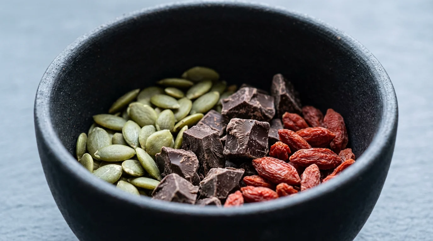 A macro photograph of a bowl with pumpkin seeds, dark chocolate, and goji berries.