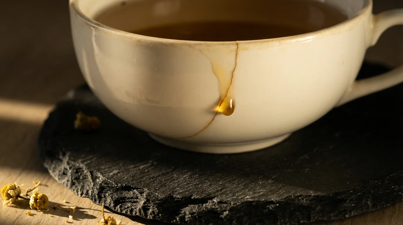 A macro photograph of a tea drop on the crack of a white teacup.