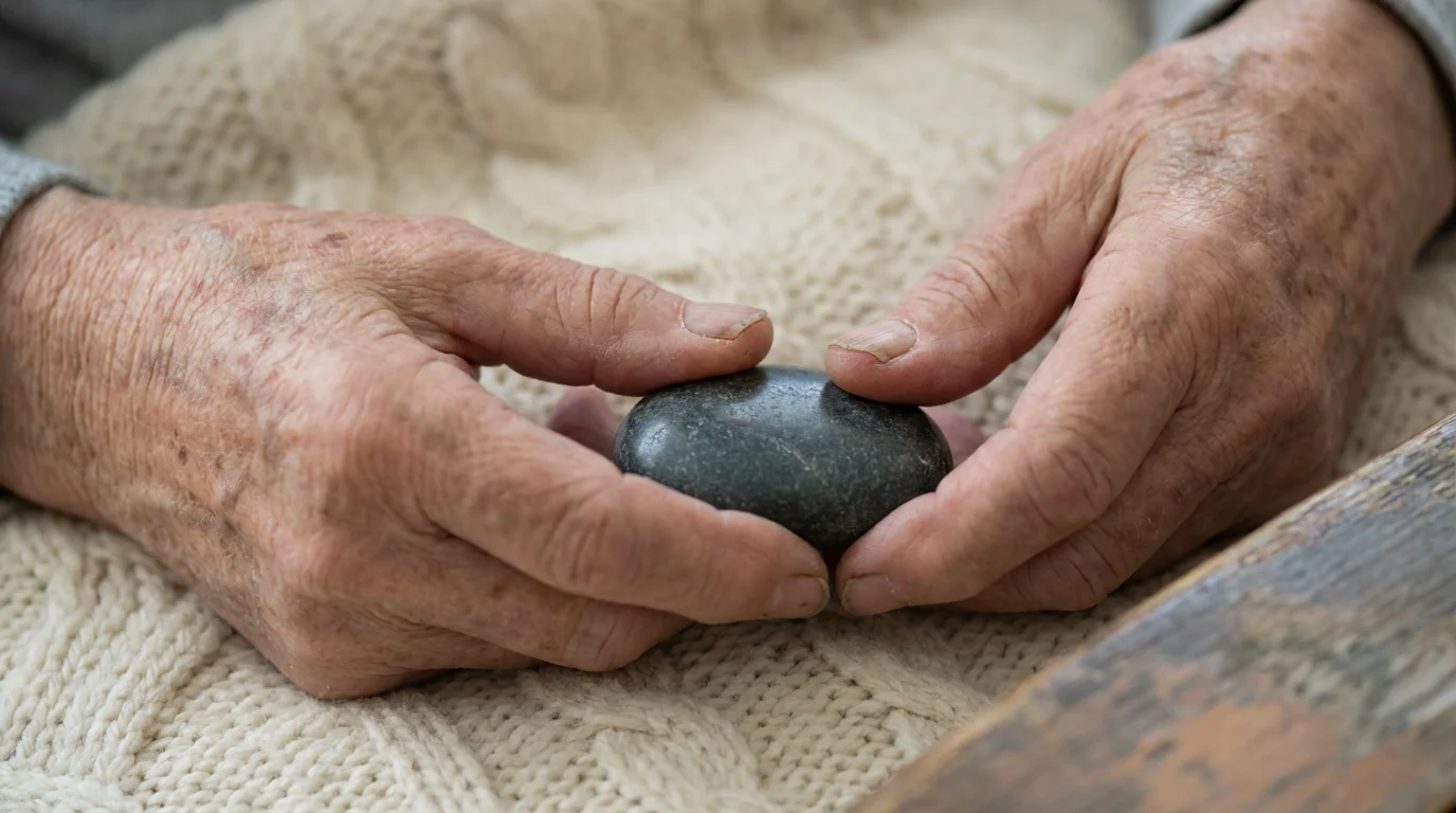 A macro photograph of an elderly person's hands holding a single smooth, dark stone.