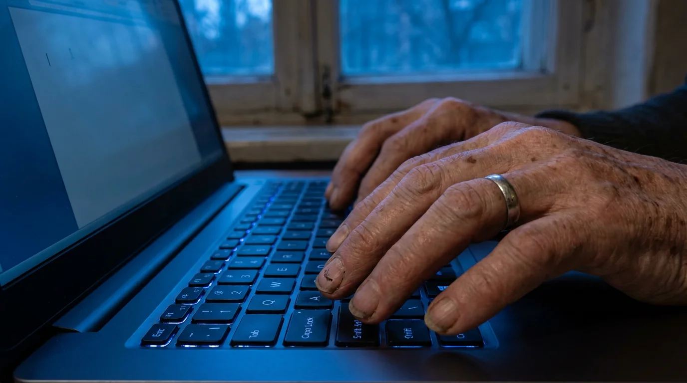 A macro photograph of an older person's hands typing on a laptop during blue hour.