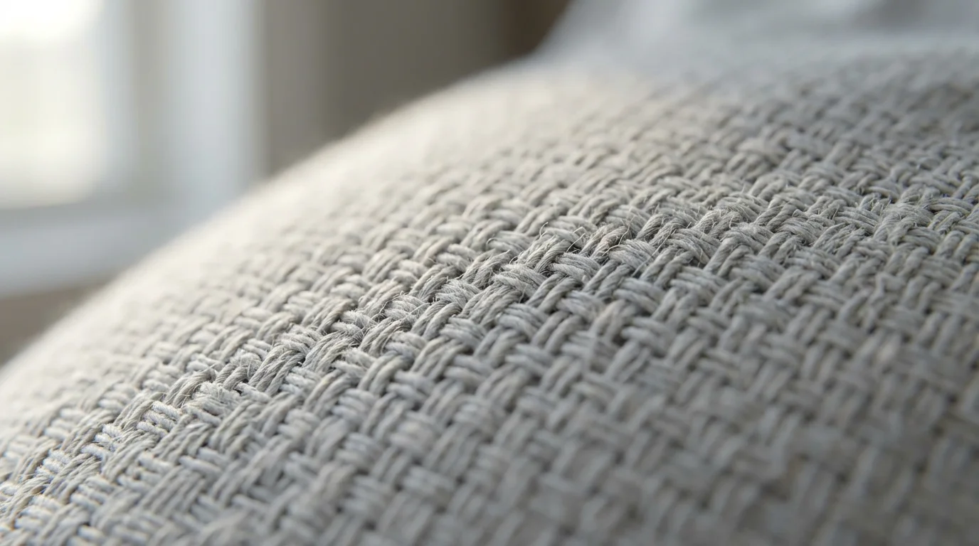 A macro photograph of shirt fabric, showing its texture in detail, symbolizing deep breathing.