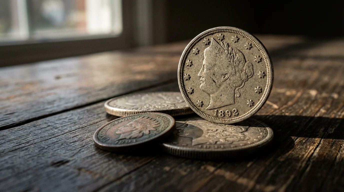 A macro photograph of tarnished coins on a wooden table with dramatic afternoon shadows.
