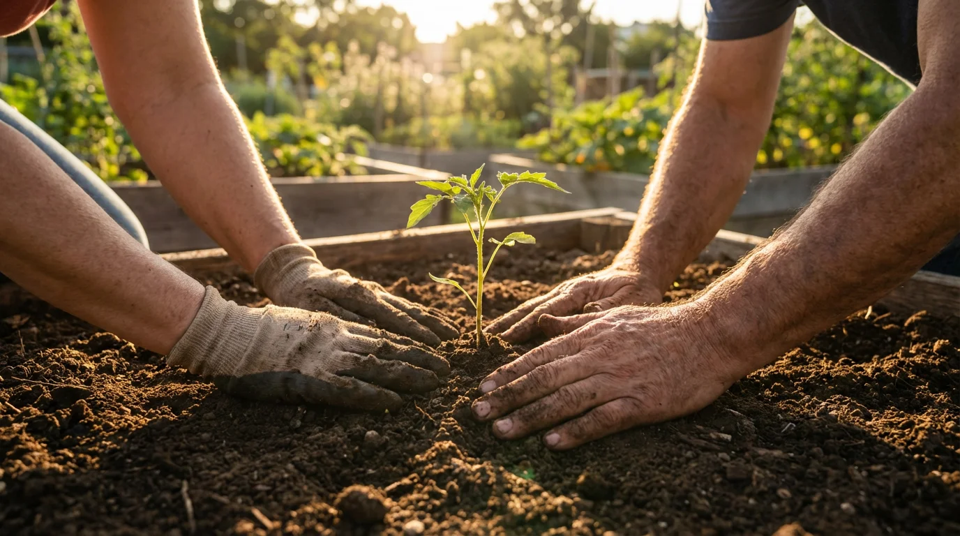 A macro photograph of two people's hands planting a small green sapling together.