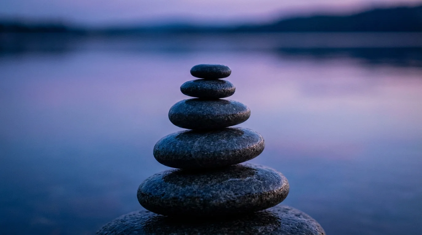 A macro shot of delicately balanced wet stones against a calm water background.