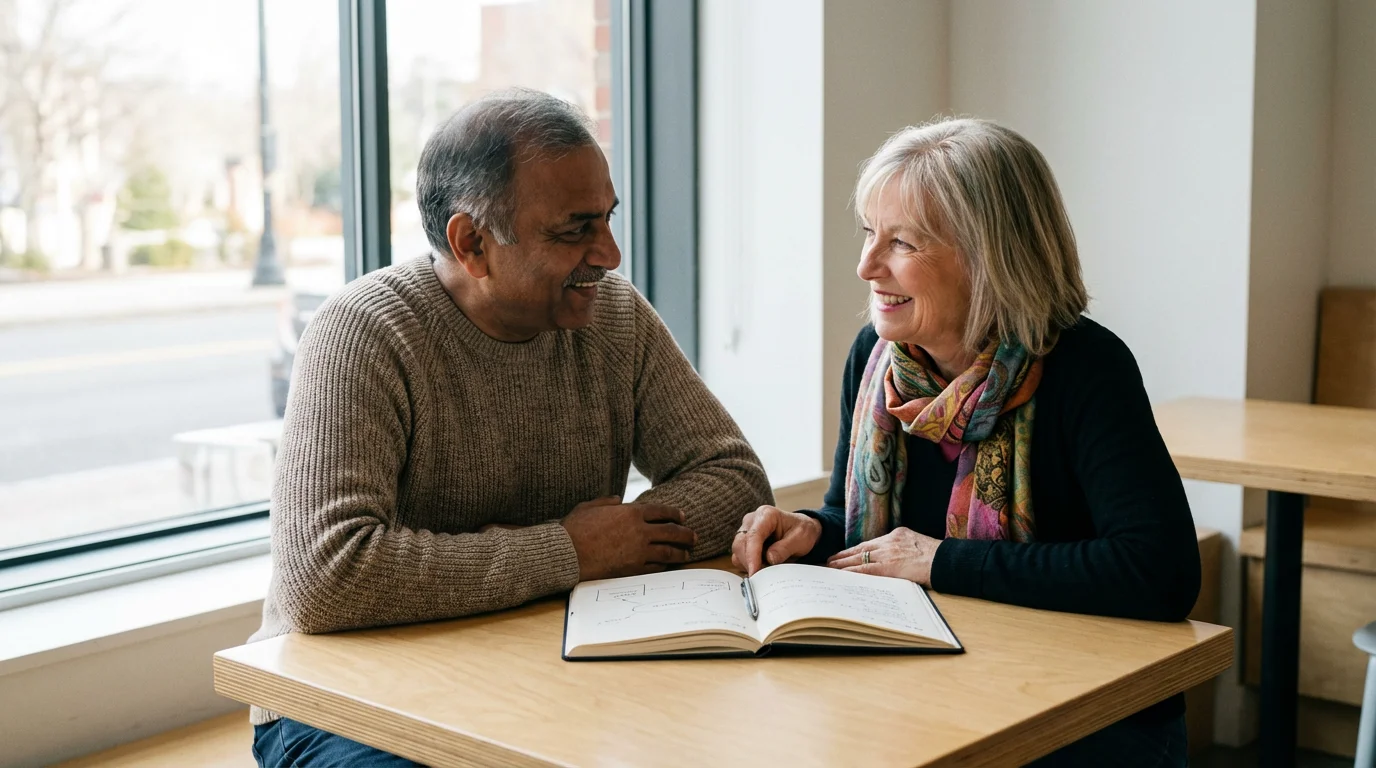 A male retirement coach and female client planning together in a sunlit modern cafe.
