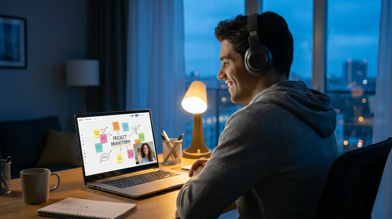 A man at his desk during blue hour video chatting with his sister.