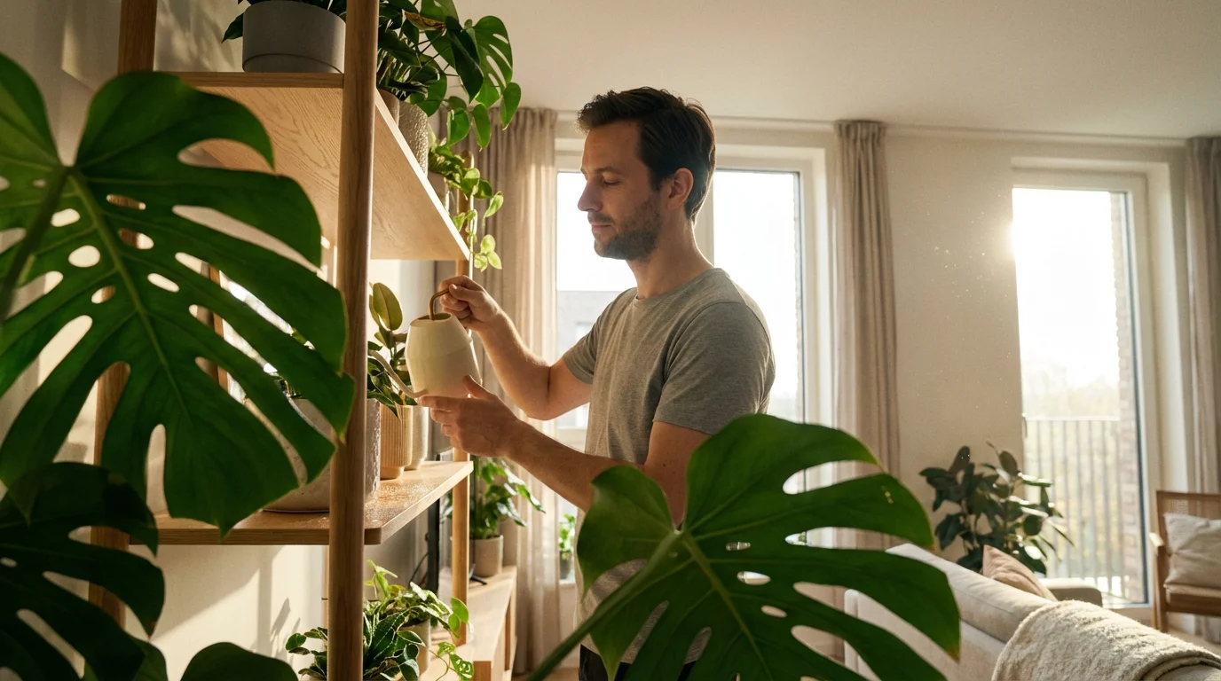 A man carefully watering his houseplants in a bright room with soft morning light.