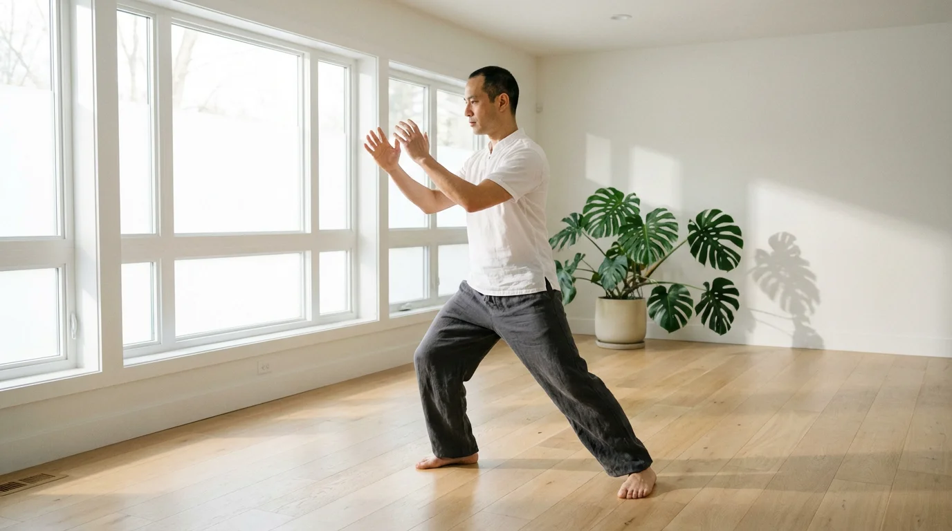 A man in casual clothes practicing a Tai Chi pose in a spacious, sunlit minimalist room.