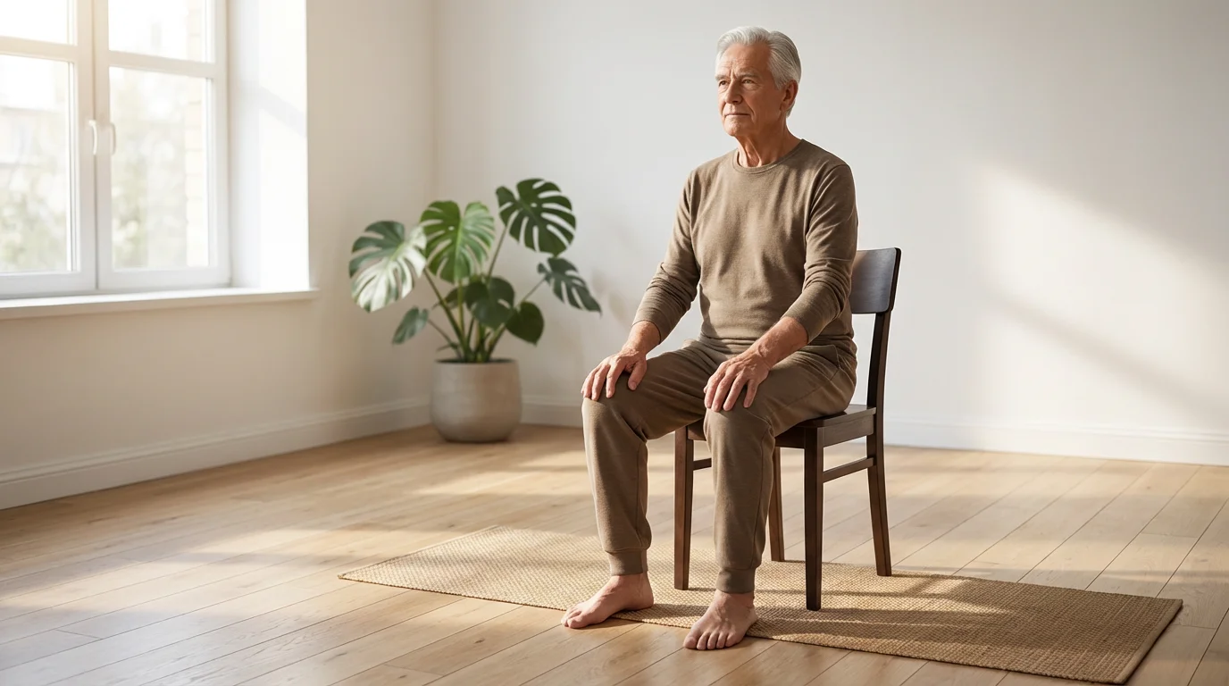 A man in his 60s sitting on a chair, preparing for a gentle yoga practice.