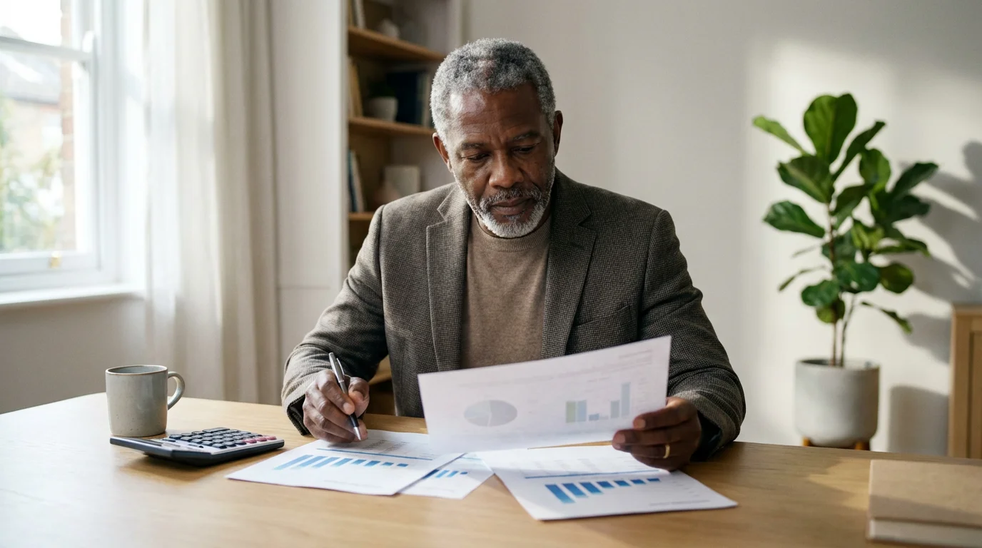 A man reviews financial documents at a desk lit by soft window light.