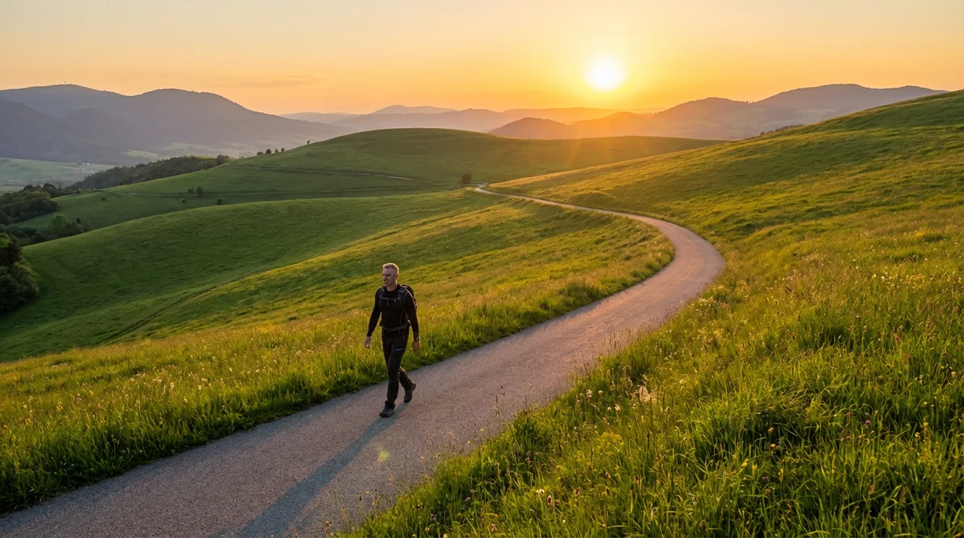 A man walking on a path through vast, green rolling hills at sunset.
