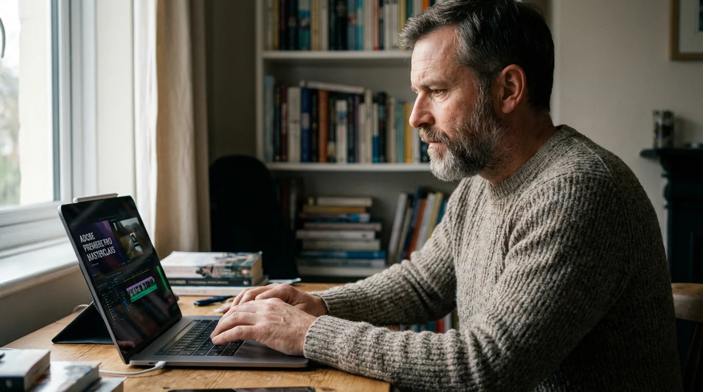 A man watches a video editing tutorial on a tablet while working on a laptop.