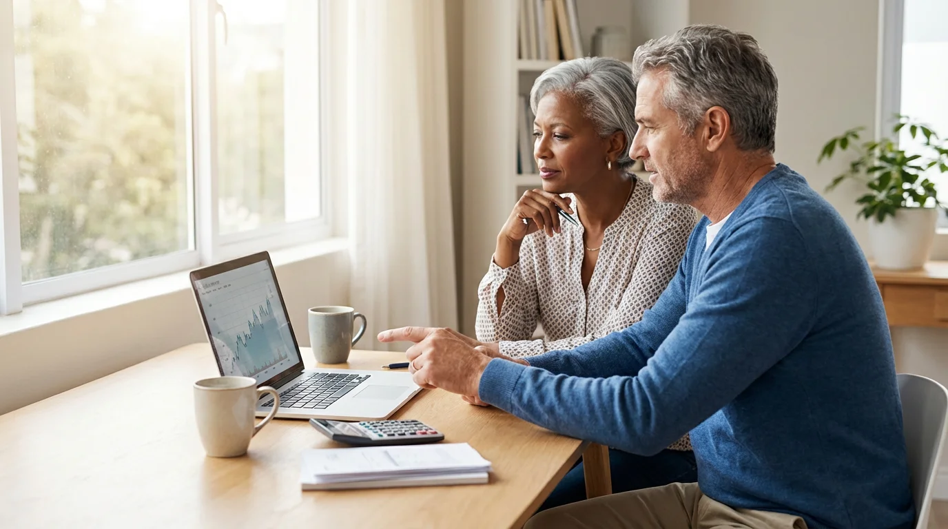 A mature couple calmly reviewing financial information on a laptop at their home desk.