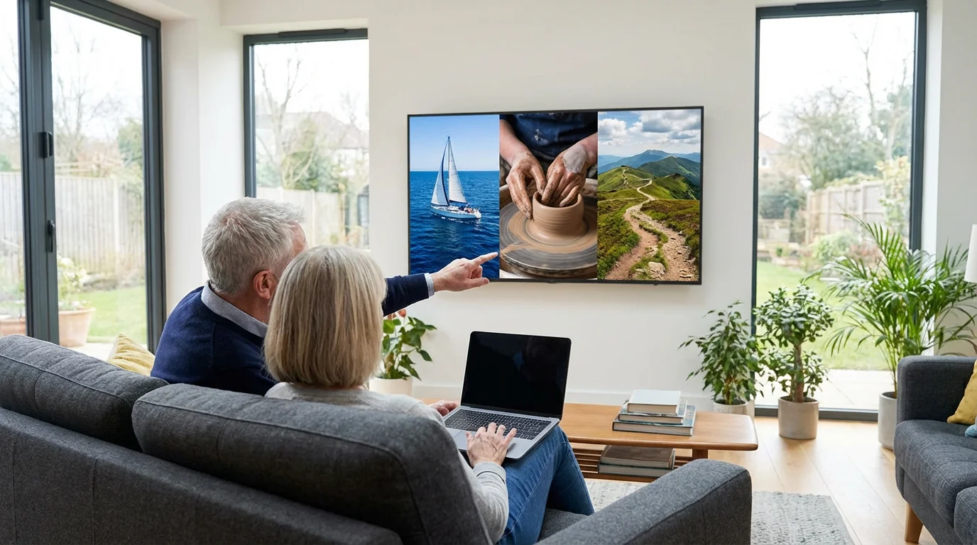 A mature couple collaborates on their digital vision board on a large screen at home.