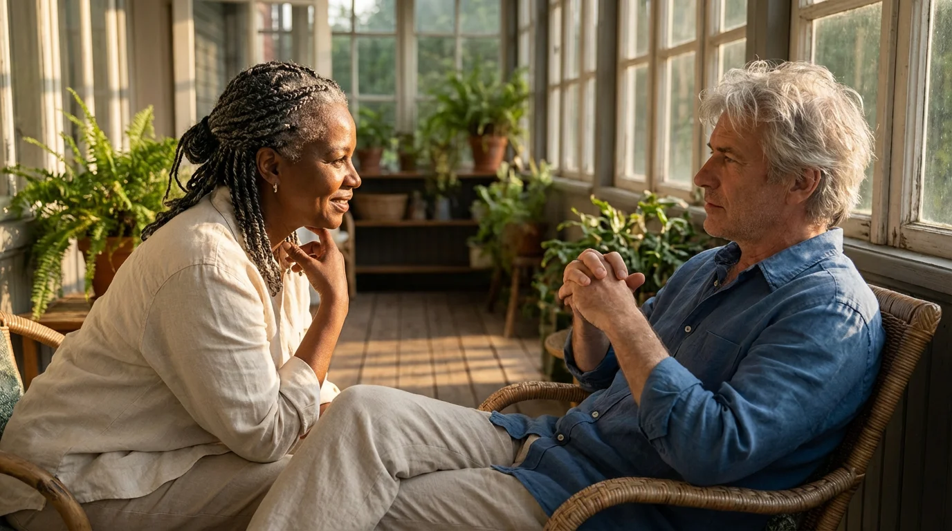A mature couple having a serious, intimate conversation on a sun porch during late afternoon.