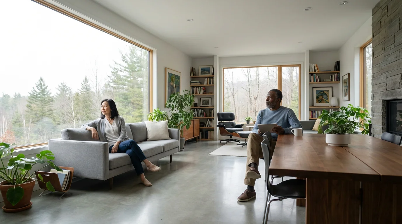 A mature couple in their sixties contemplating in a modern living room during daytime.