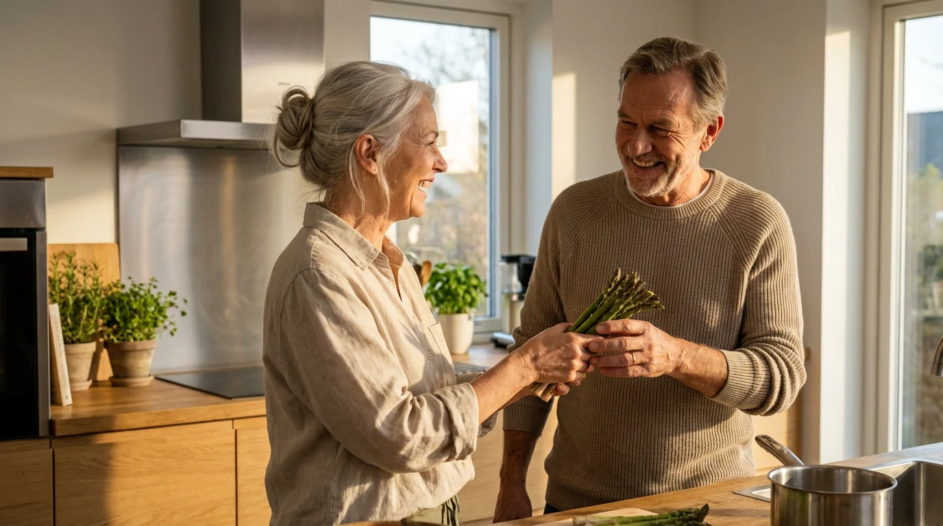 A mature couple laughing together in a kitchen during a warm, golden sunset.