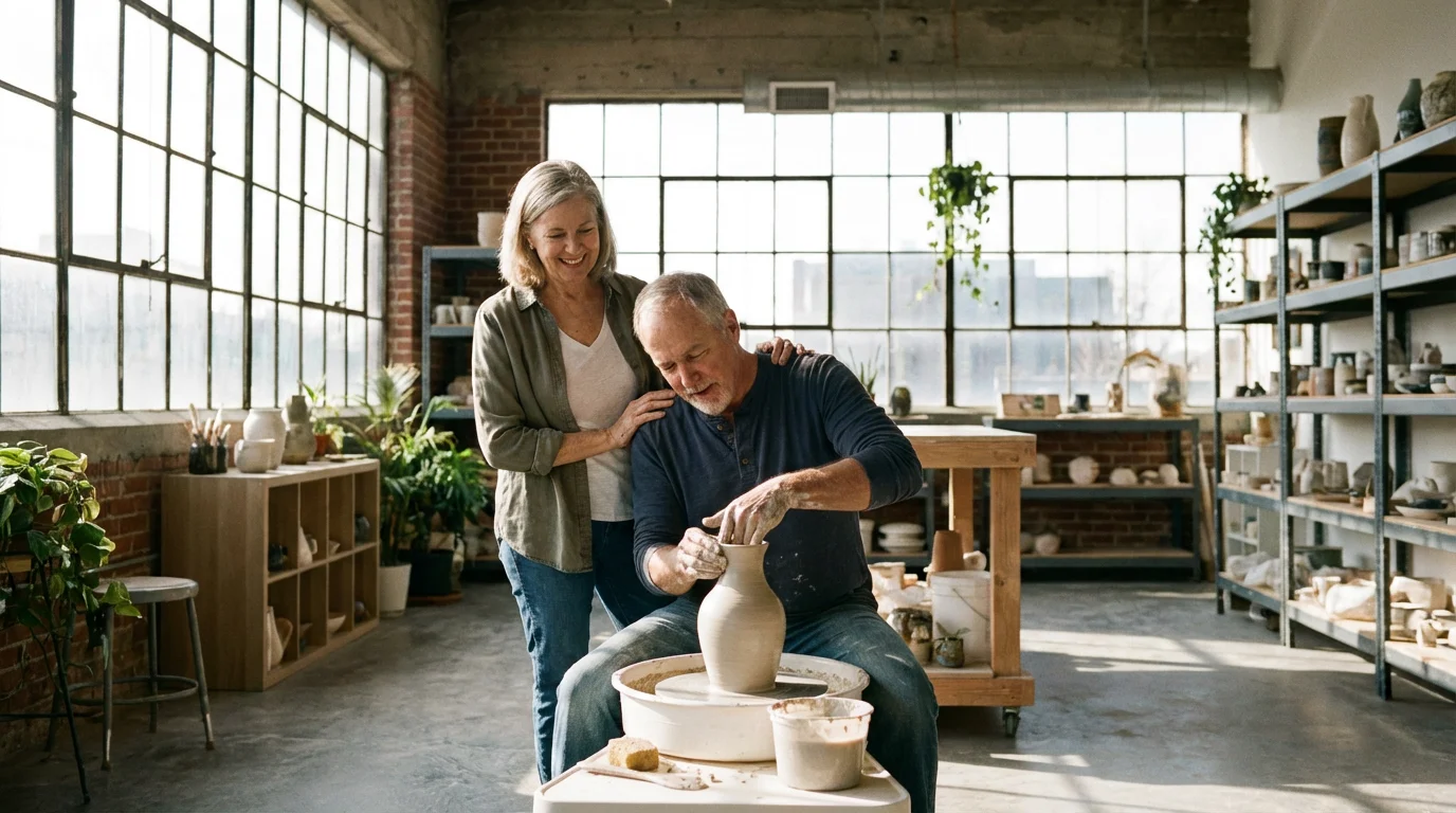 A mature couple takes a pottery class together in a sunlit studio, representing holistic retirement.