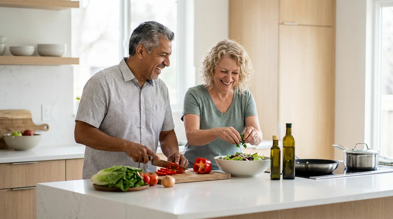 A mature, happy interracial couple laughs while preparing a healthy meal together in a modern kitchen.