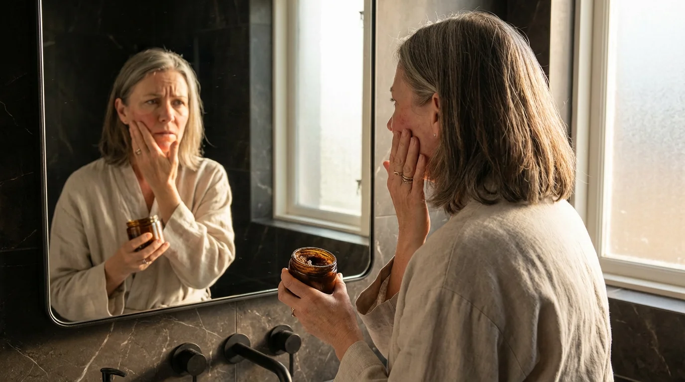 A mature woman looks at her irritated reflection after using a harsh facial scrub.