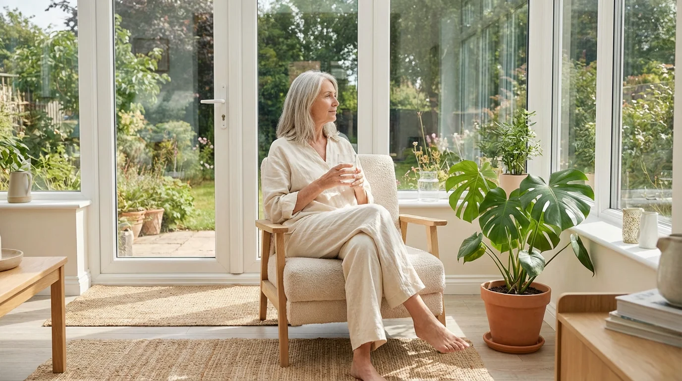 A mature woman relaxing in a sunlit room, holding a glass of water.