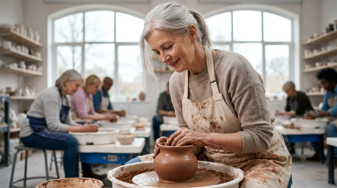 A mature woman smiling while learning to make pottery on a wheel in a studio.