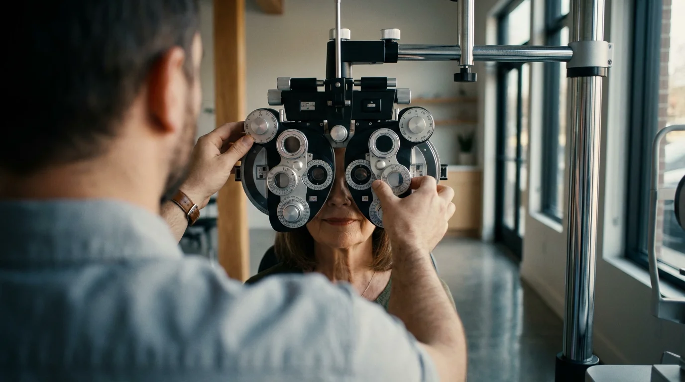 A mature woman undergoing a comprehensive eye exam with a phoropter in a modern clinic.
