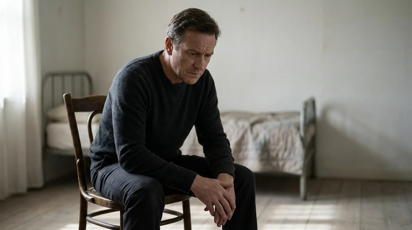 A middle-aged man sits alone in a quiet room, burdened by deep thought.