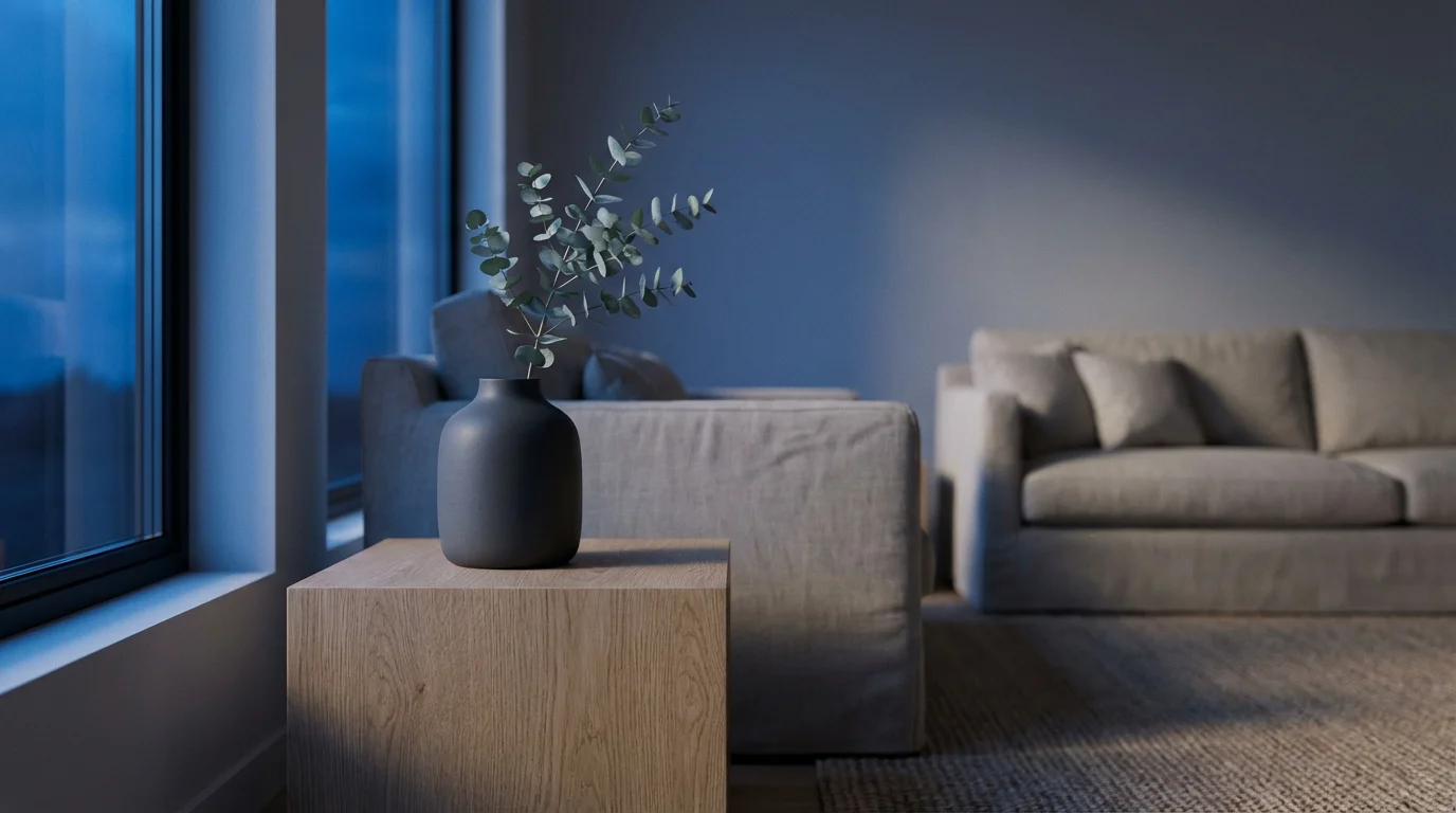 A minimalist room at twilight with a single vase on a wooden side table.