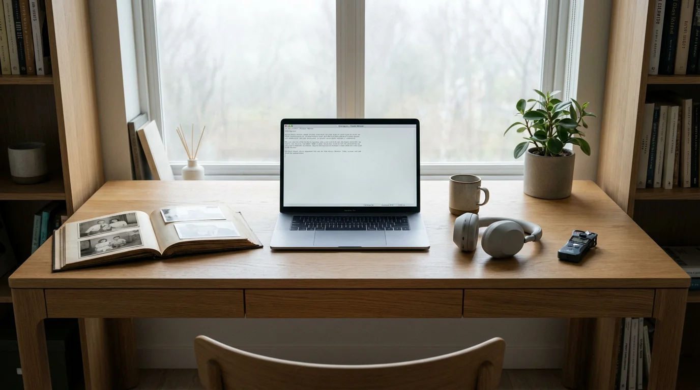 A modern desk with a laptop, vintage photos, headphones, and an audio recorder.