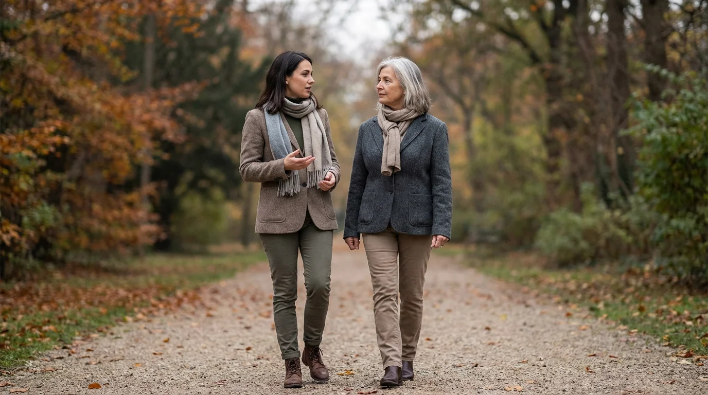 A mother and adult daughter talking seriously while walking together in a peaceful park.
