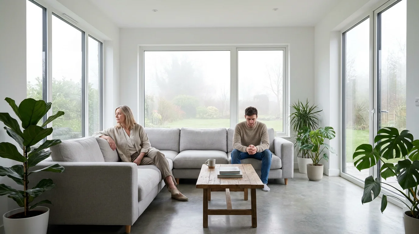 A mother and adult son having a serious, reflective conversation on a sofa.