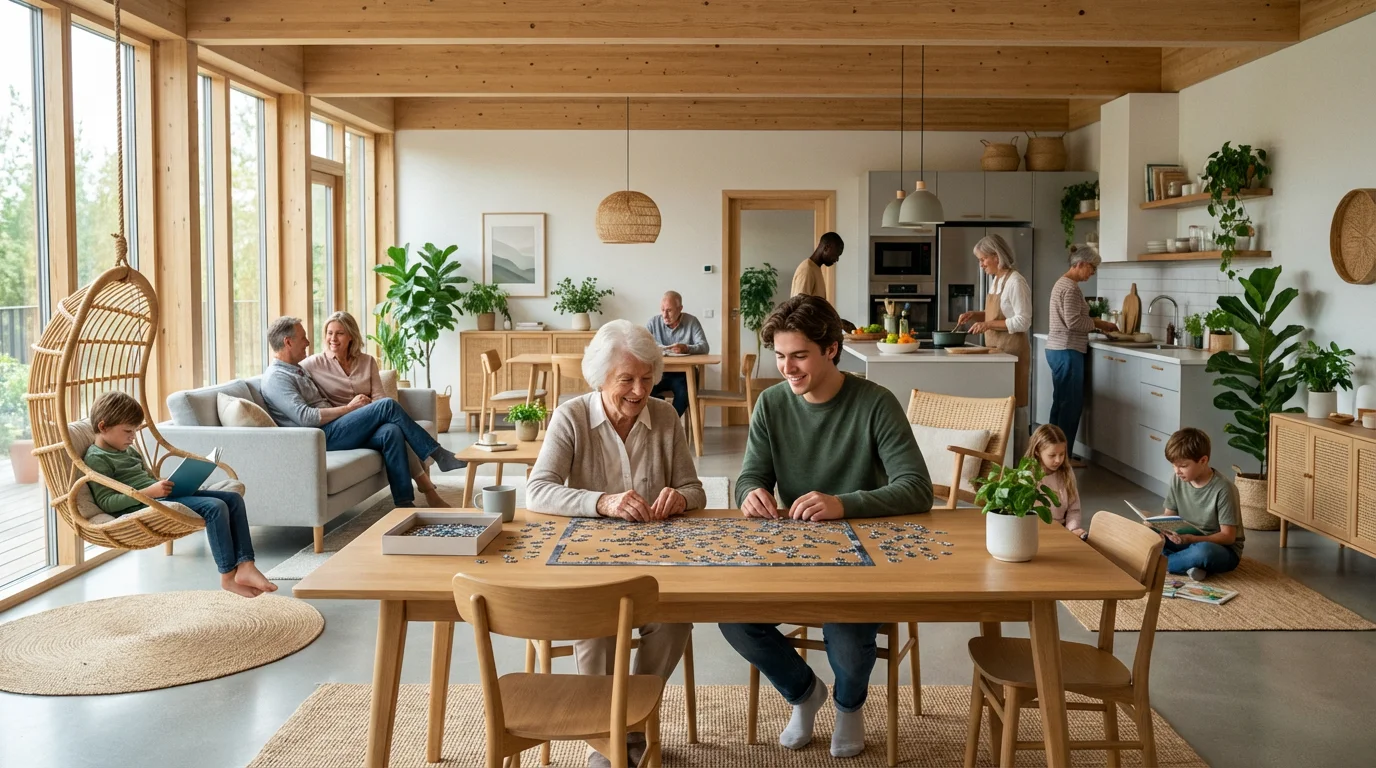 A multi-generational group relaxing and connecting in a sunlit, modern communal living room.