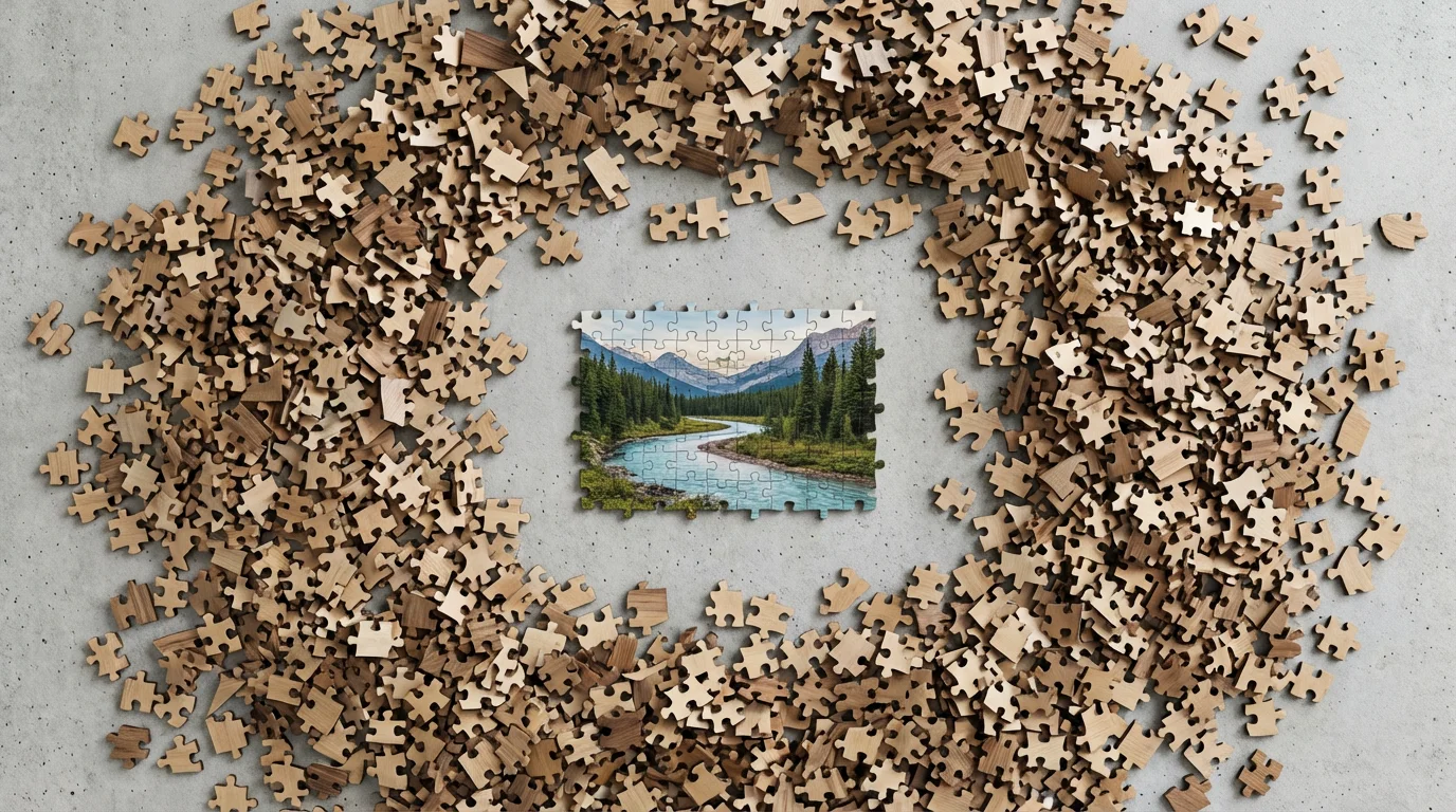 A partially completed wooden jigsaw puzzle of a nature scene on a gray tabletop.
